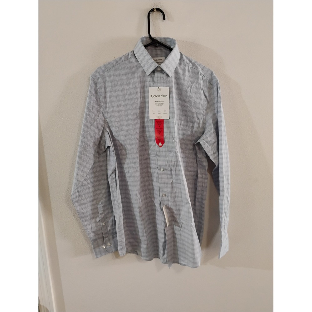 Calvin Klein Tech Active Stretch Dress Shirt Blue White Grid Regular Fit 15-15.5